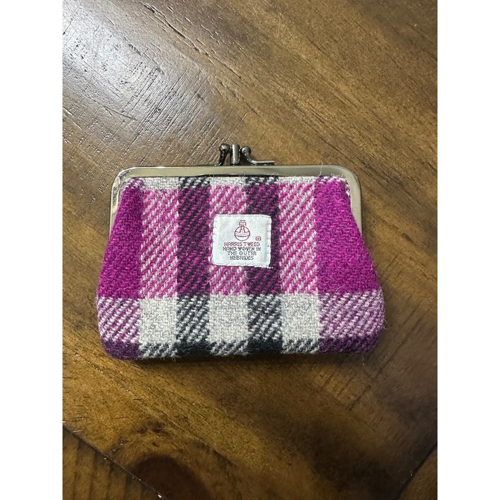 Harris Tweed Harriswear Scotland Wool Coin Purse Pink Plaid Double Kiss Lock